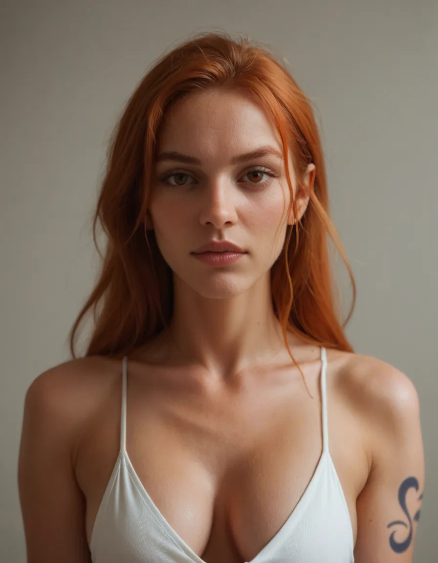 Nami from one pice stripping slowly while rubbing privates, score_9, score_8, candid photo, realistic skin texture, visible skin pores, film grain, depth of field
