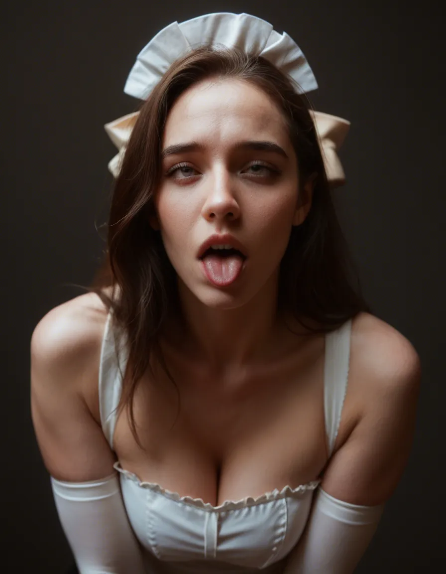 ultra HD, lifelike, maid, hair bow, elbow gloves, ahegao, photorealistic, score_9, score_8, candid photo, realistic skin texture, visible skin pores, film grain, depth of field