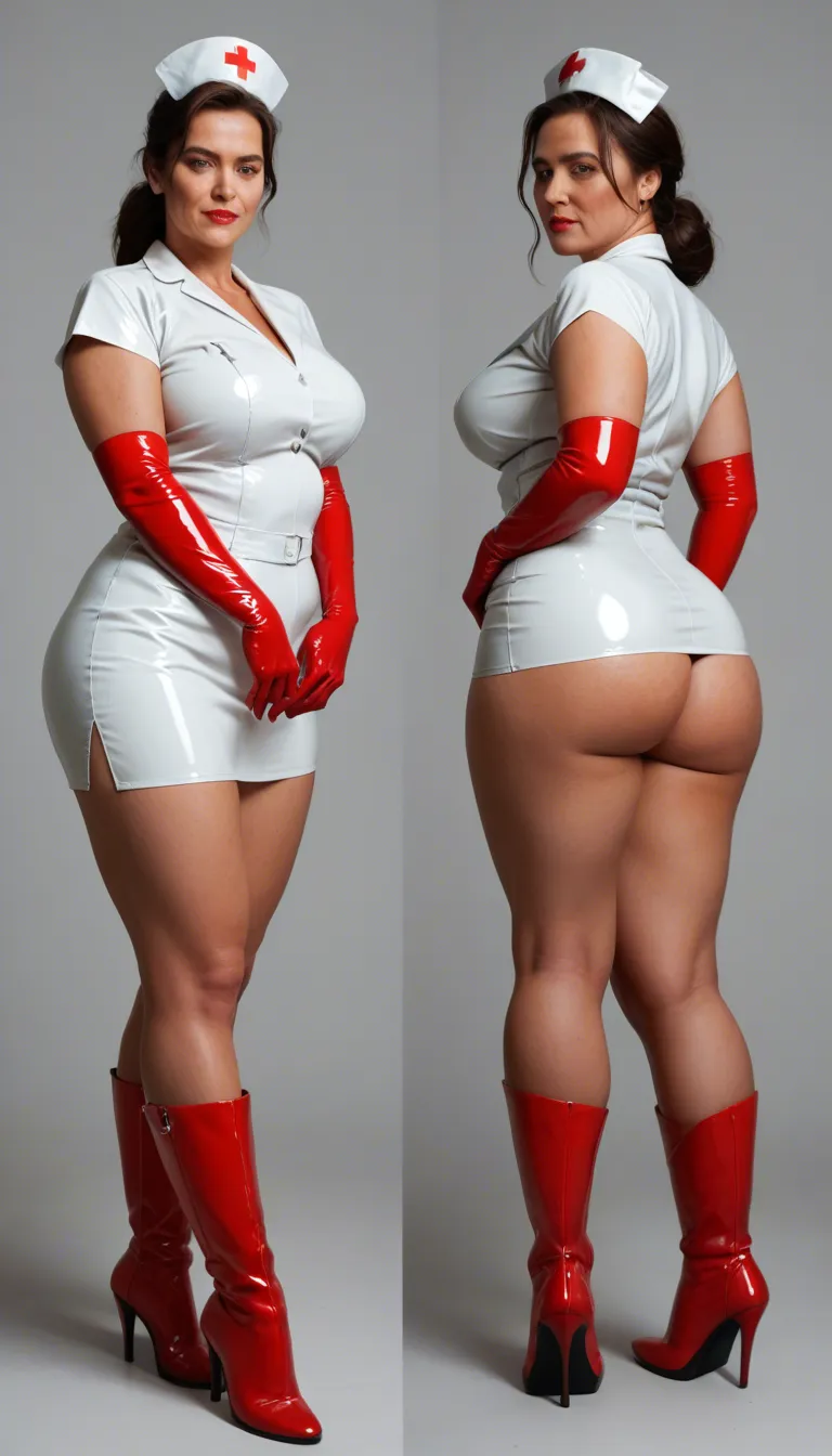 Bbw milf, paizuri , latex nurse outfit and elbow_gloves , high_heel_boots, multiple_views