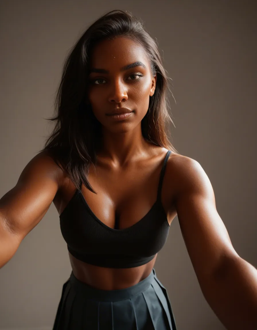 dslr, film grain, photorealistic, 1girl, dark-skinned female, pleated skirt, selfie pose, futanari, soft lighting, lifelike render, score_9, score_8, candid photo, realistic skin texture, visible skin pores, film grain, depth of field