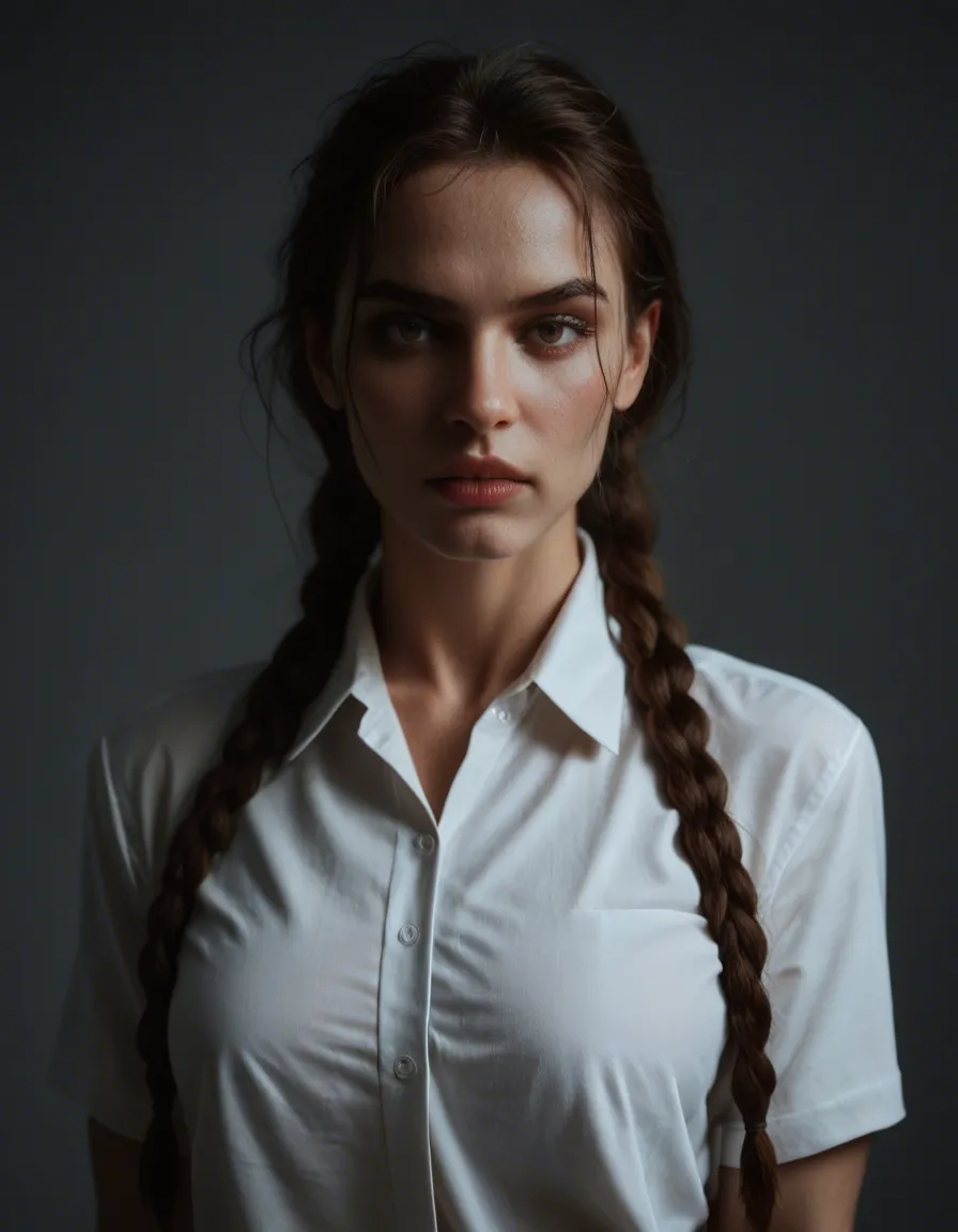 sharp focus, 8k uhd, fitness model, twin braids, collared shirt, bondage, moonlight, cinematic realism, score_9, score_8, candid photo, realistic skin texture, visible skin pores, film grain, depth of field