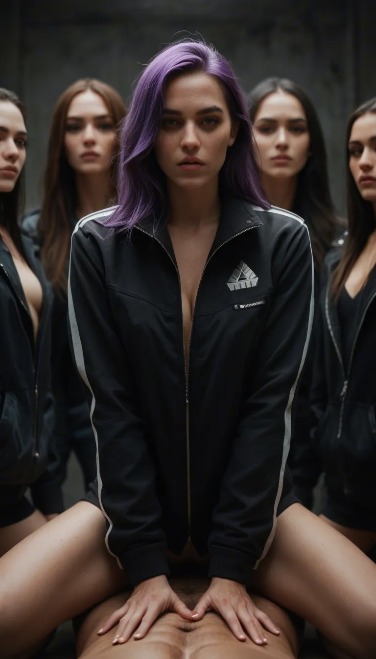 cinematic photo, 8k, 5women, purple hair, jacket, cowgirl position, lifelike render