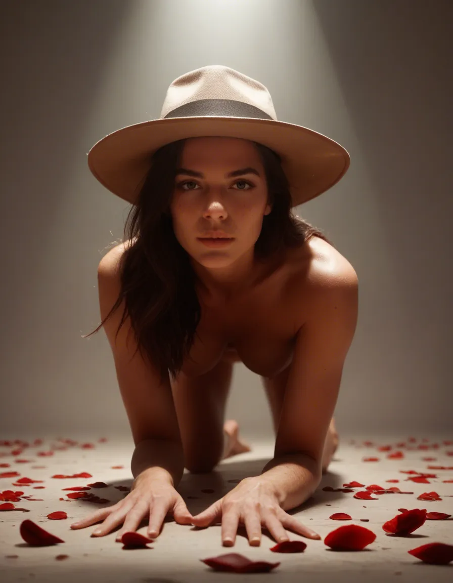 cinematic photo, 8k, brunette woman, breasts, hat, on all fours, petals, spotlight, dslr quality, score_9, score_8, candid photo, realistic skin texture, visible skin pores, film grain, depth of field
