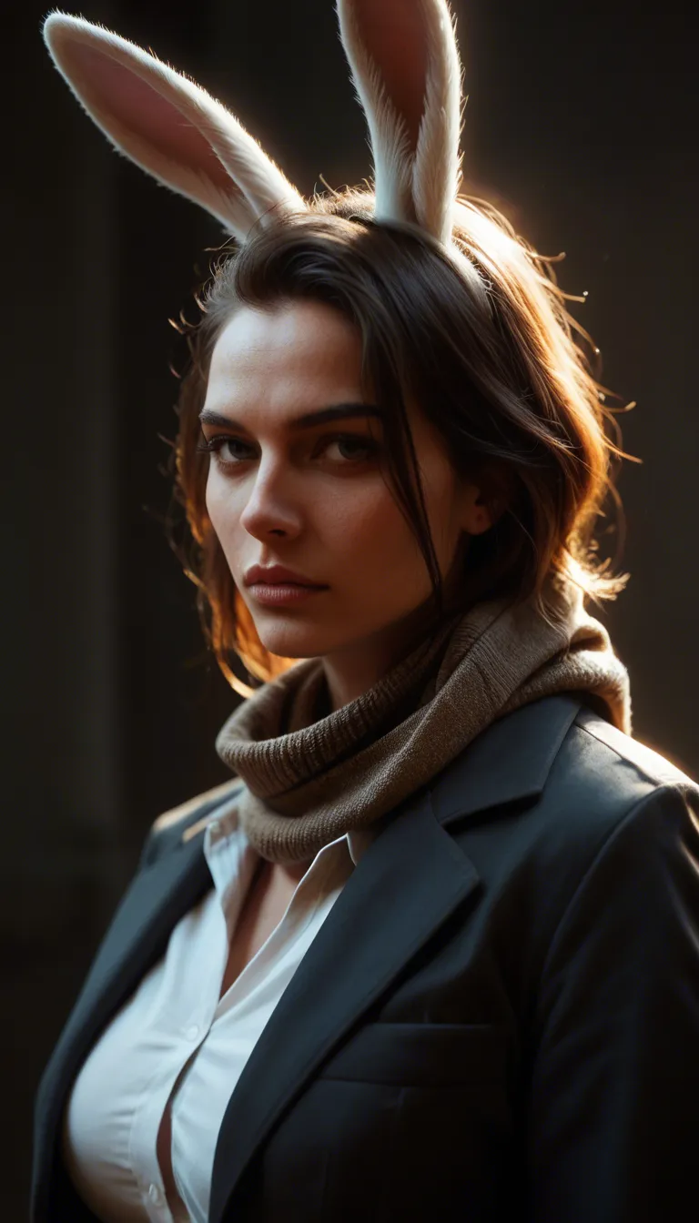 best quality, hyperrealistic, bunny woman, scarf, collared shirt, slow turn, grinding, portrait, dramatic lighting, huge_breasts, huge_ass, huge_penis, facing_viewer,