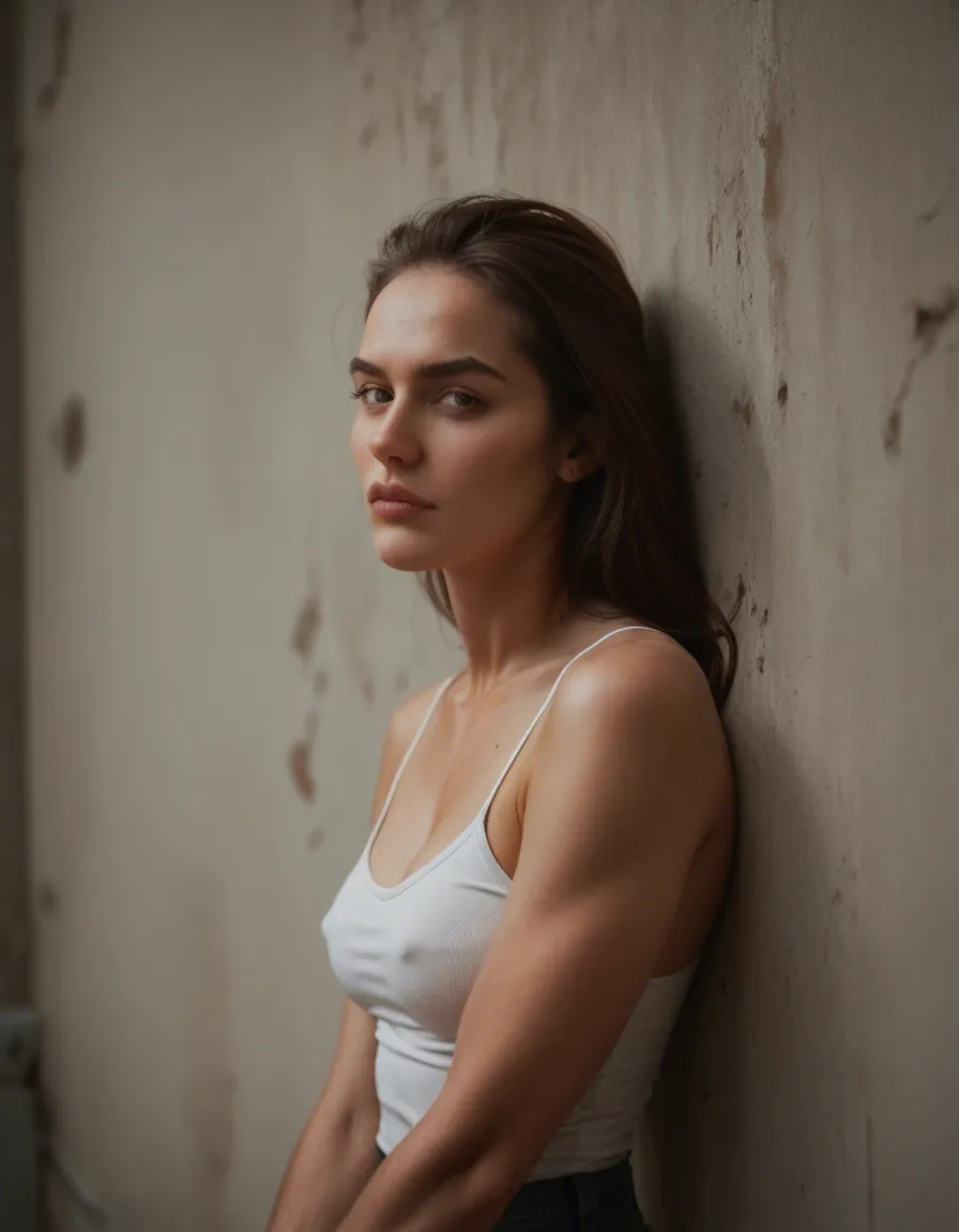 A tall well built man pressing a petite brunette up against a wall, score_9, score_8, candid photo, realistic skin texture, visible skin pores, film grain, depth of field