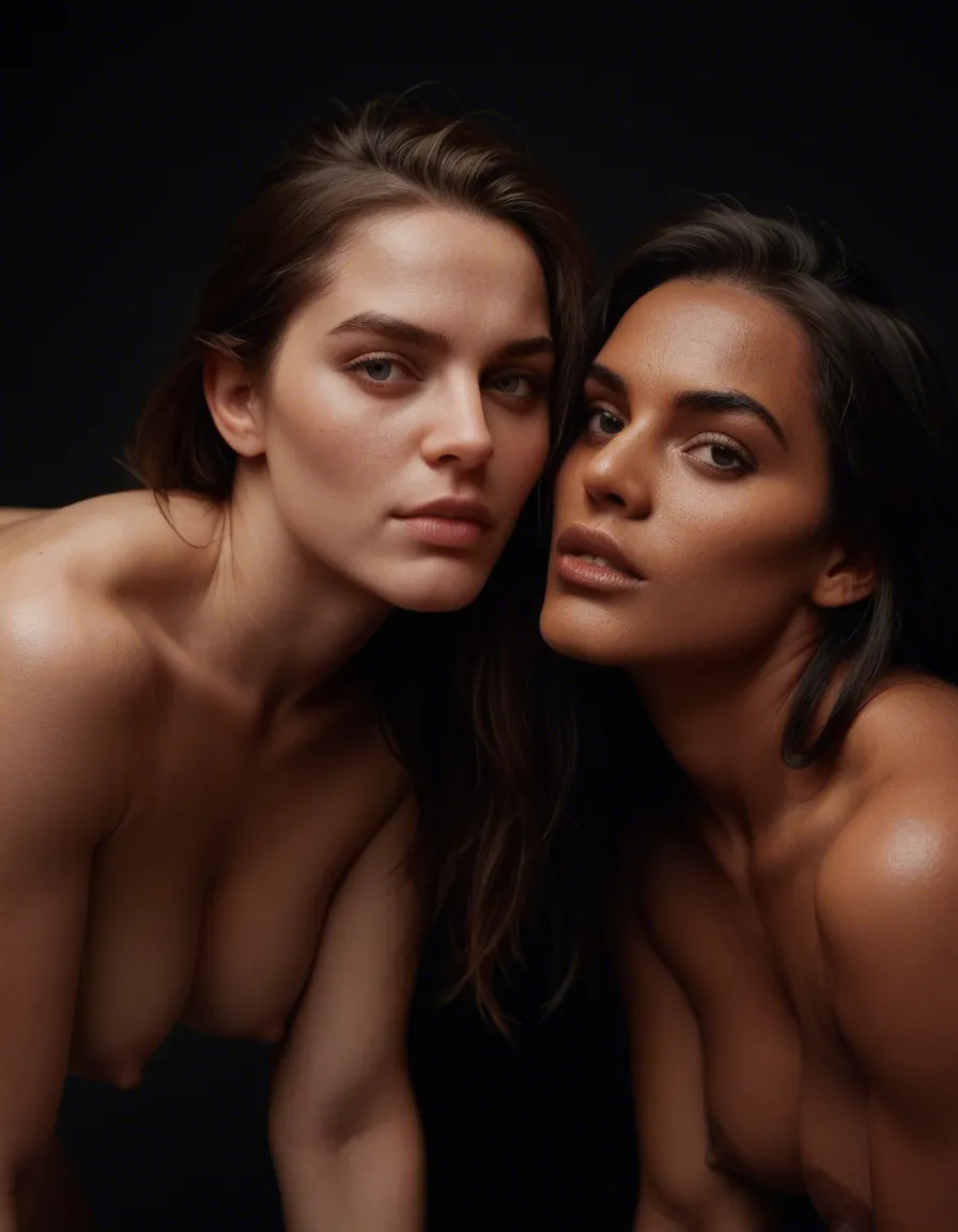 8k, sharp focus, detailed skin, 2girls, bent over, dark-skinned male, black background, film photography, score_9, score_8, candid photo, realistic skin texture, visible skin pores, film grain, depth of field