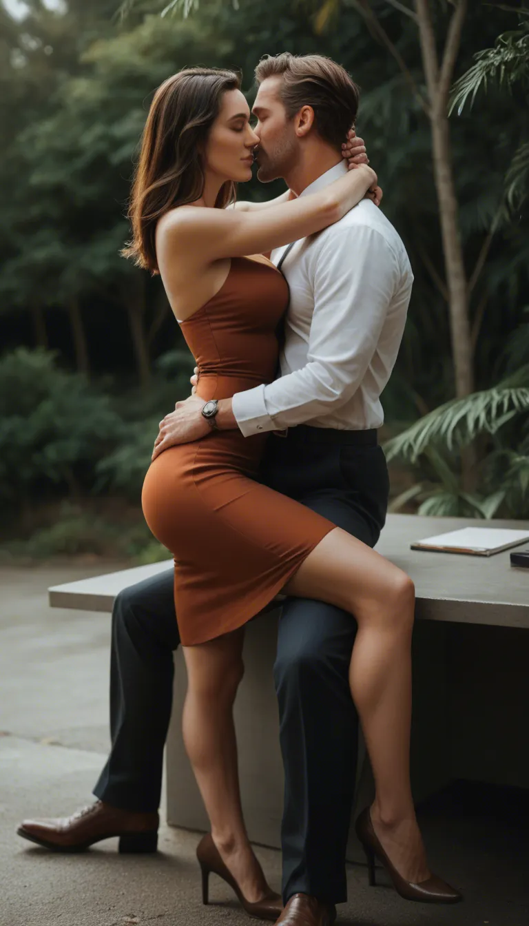 studio quality, sharp focus, office lady, brown footwear, cocktail dress, embrace, riding, tree, cowboy shot, lifelike render