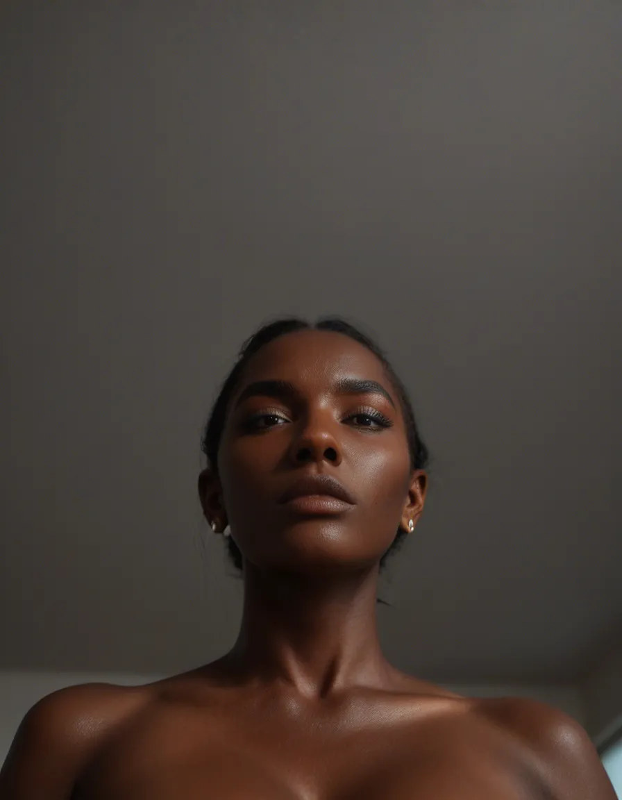 ultra HD, lifelike, from below, multiple women, futanari, dark skin, cinematic realism, score_9, score_8, candid photo, realistic skin texture, visible skin pores, film grain, depth of field