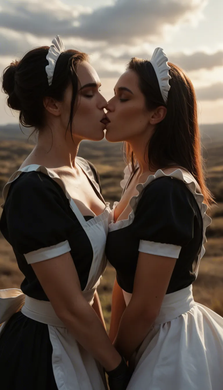 dslr, film grain, photorealistic, maid, colored skin, black gloves, kissing, masturbation, cloud, three-quarter view, RAW photo outside moaning