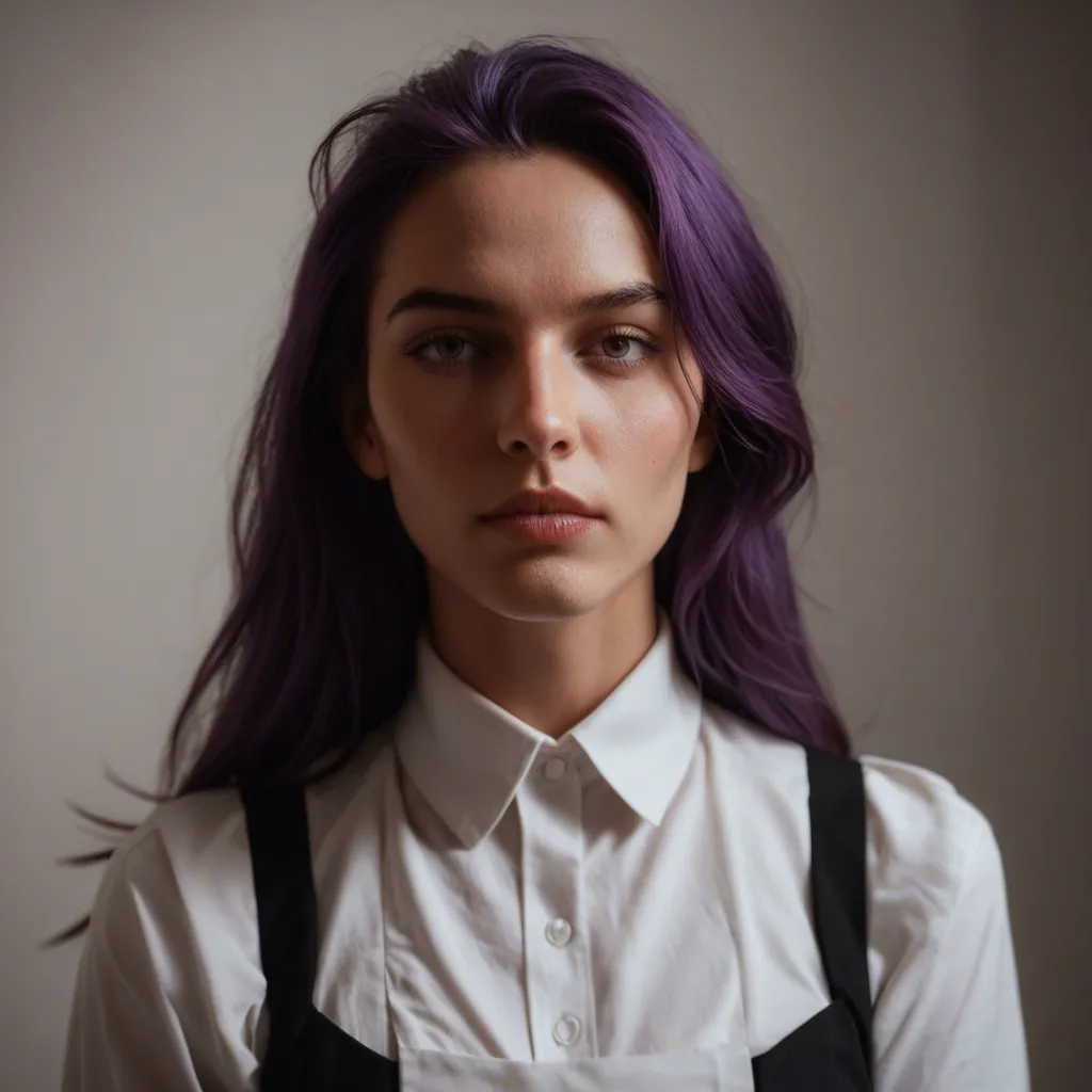 8k, sharp focus, detailed skin, maid, purple hair, collared shirt, arching back, photorealistic