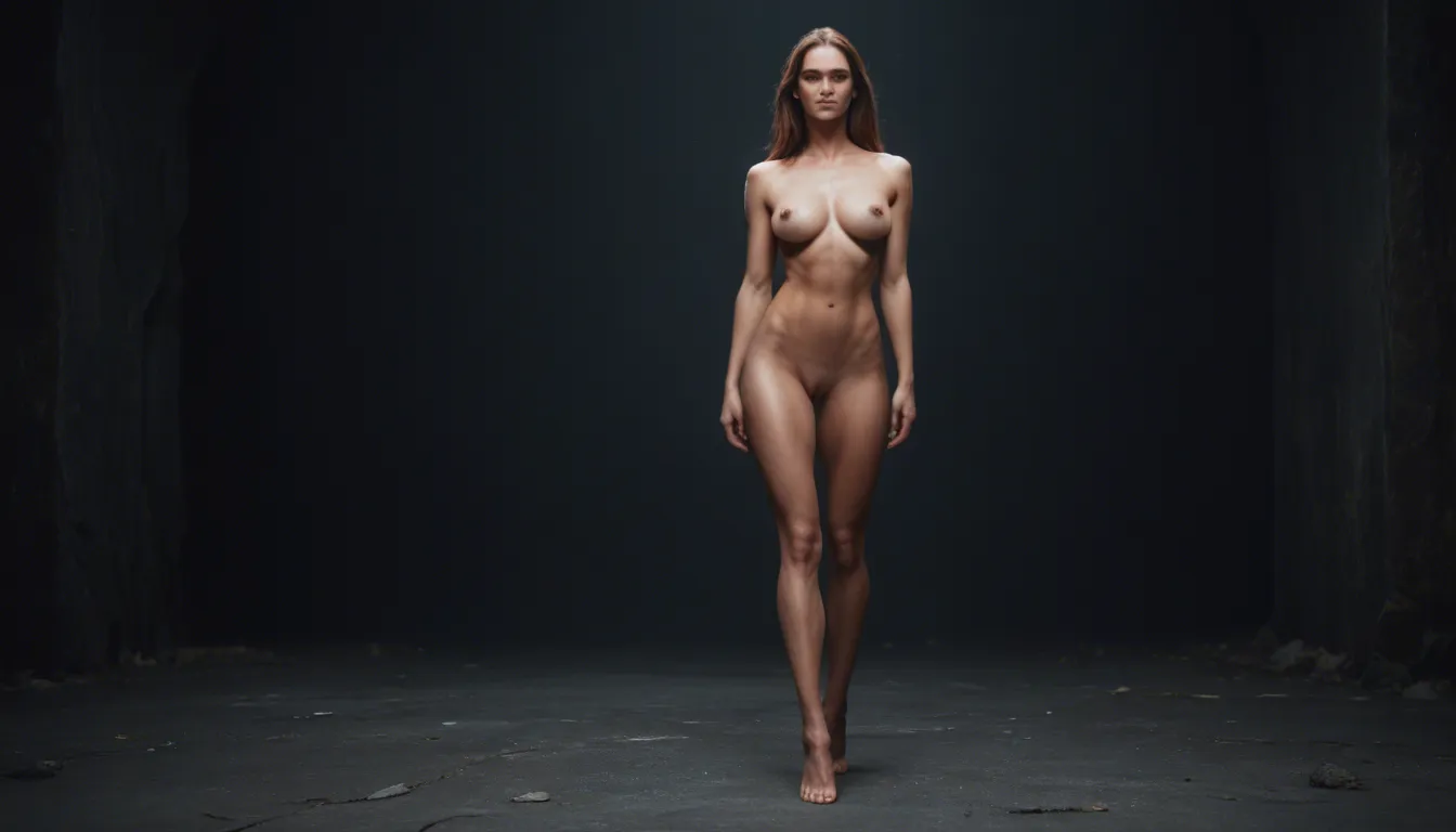 Fully nude beautiful woman with perfect hourglass body, large perky breasts, hard nipples, smooth shaved pussy, detailed labia, long legs, standing and slowly spreading her legs, touching herself, moaning expression, wet skin, soft bedroom lighting, highly detailed genitals, realistic skin texture, cinematic, ultra realistic, 8k quality