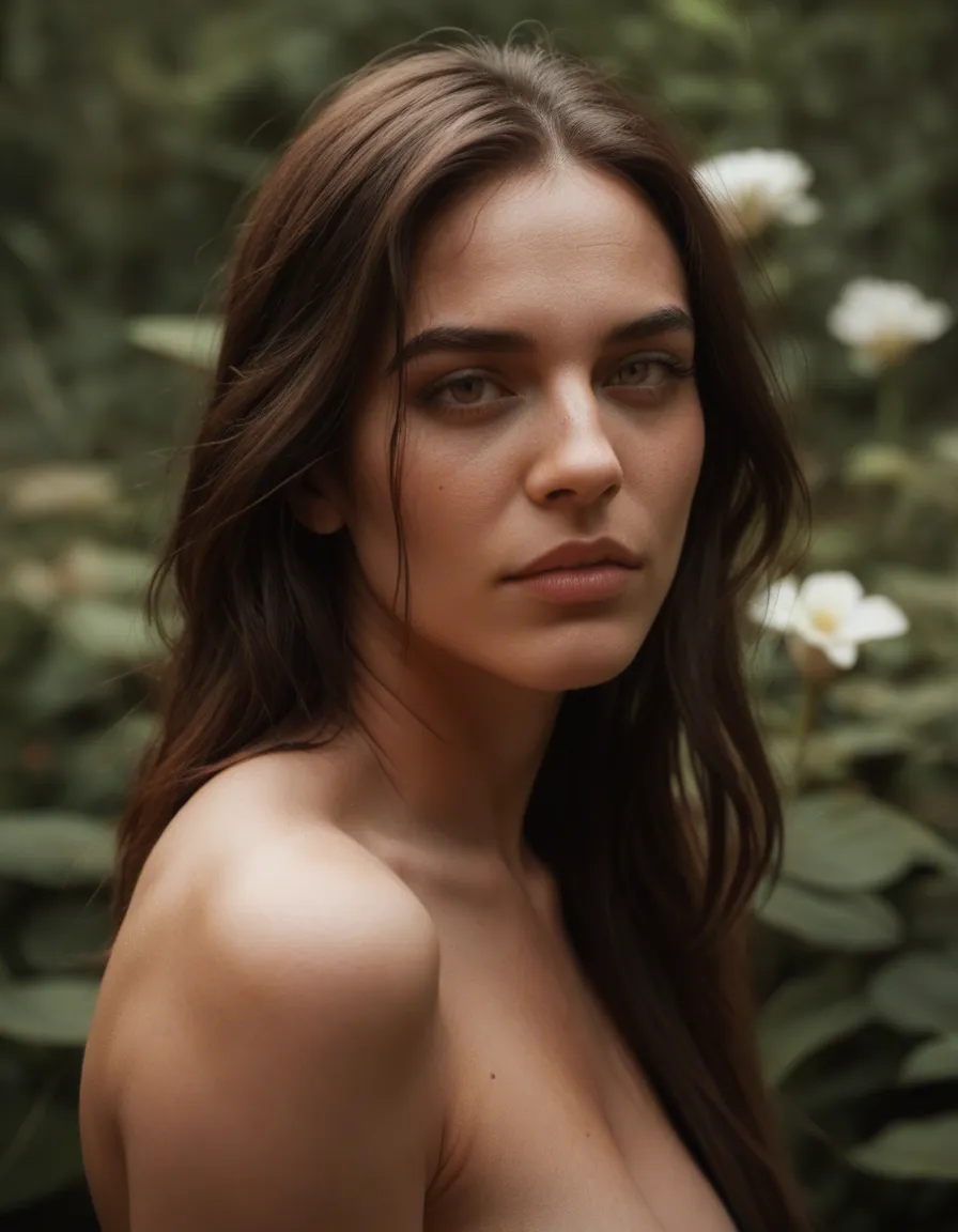 sharp focus, 8k uhd, brunette woman, flower, presenting, photorealistic, score_9, score_8, candid photo, realistic skin texture, visible skin pores, film grain, depth of field