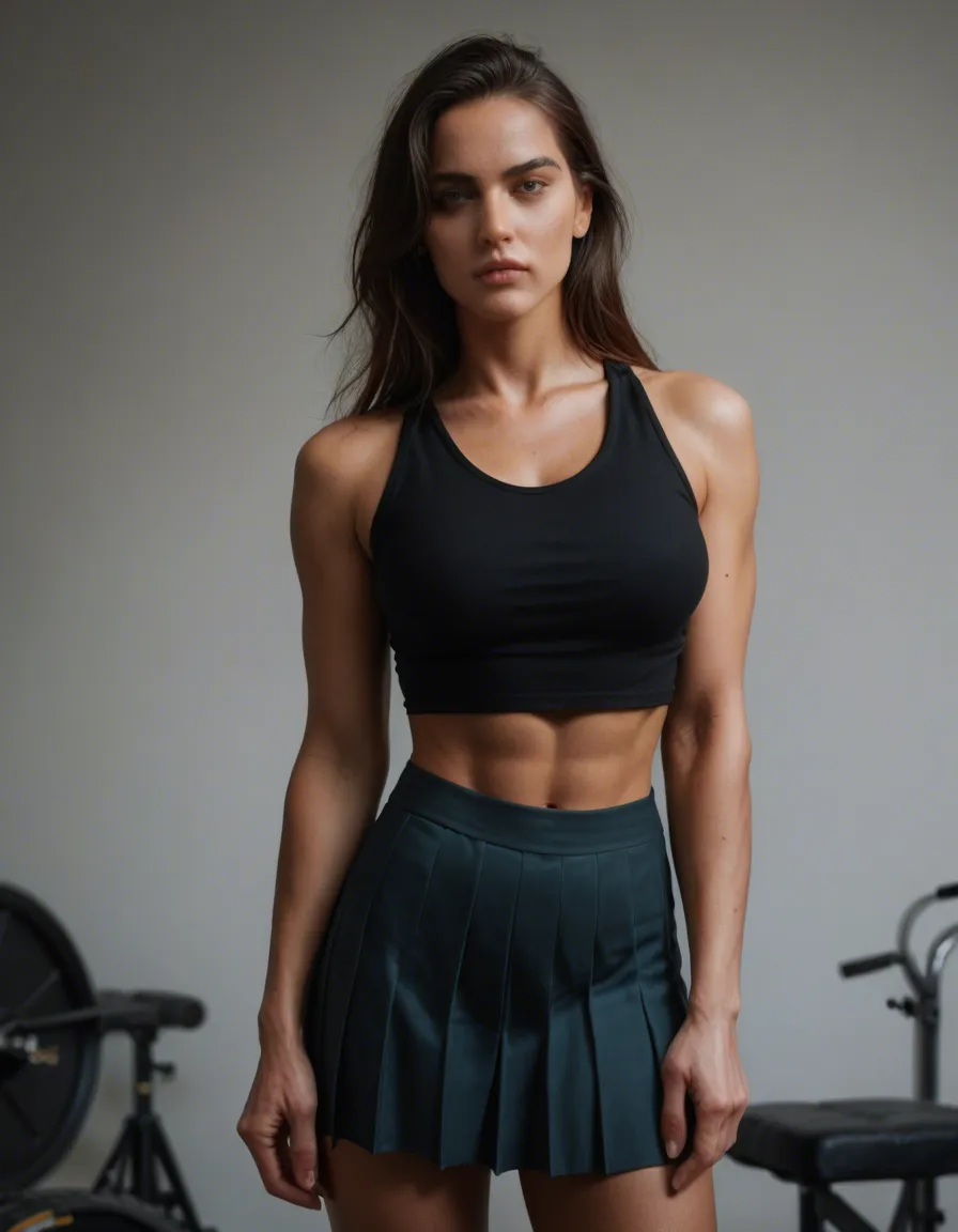 8k, sharp focus, detailed skin, fitness model, pleated skirt, presenting, cool tones, photorealistic, score_9, score_8, candid photo, realistic skin texture, visible skin pores, film grain, depth of field