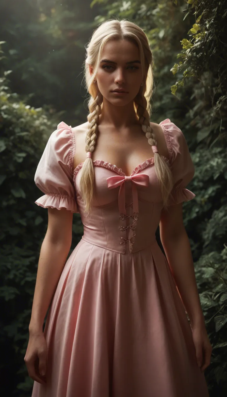 detailed photorealistic portrait of an adult sissy with long blonde hair in braided pigtails tied with pink satin ribbons, wearing a short pink sissy dress with layered frills and puff sleeves, standing in a beautiful English garden during golden hour, natural skin texture, realistic eyes, soft cinematic lighting, 85mm lens, shallow depth of field, ultra detailed, high quality.  she is wearing a ball gag and drooling down her dress, score_9, score_8, candid photo, realistic skin texture, visible skin pores, film grain, depth of field