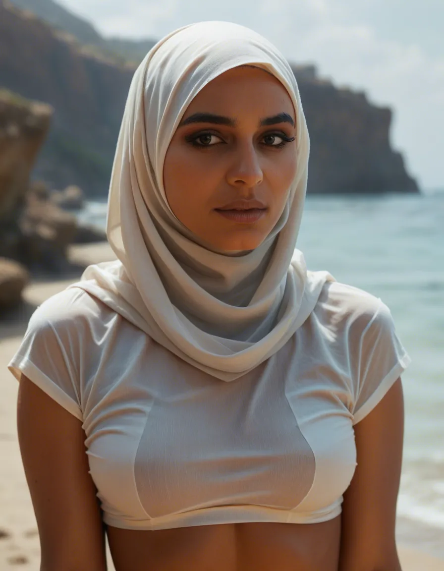 A woman on London underground bottomless station down Indian mid 20s hijab, score_9, score_8, candid photo, realistic skin texture, visible skin pores, film grain, depth of field