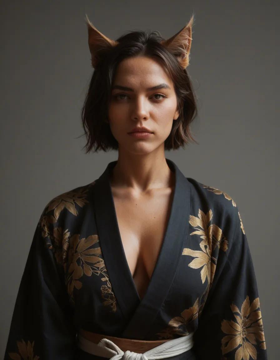 8k, sharp focus, detailed skin, catgirl, japanese clothes, fully nude, hyperrealistic, score_9, score_8, candid photo, realistic skin texture, visible skin pores, film grain, depth of field