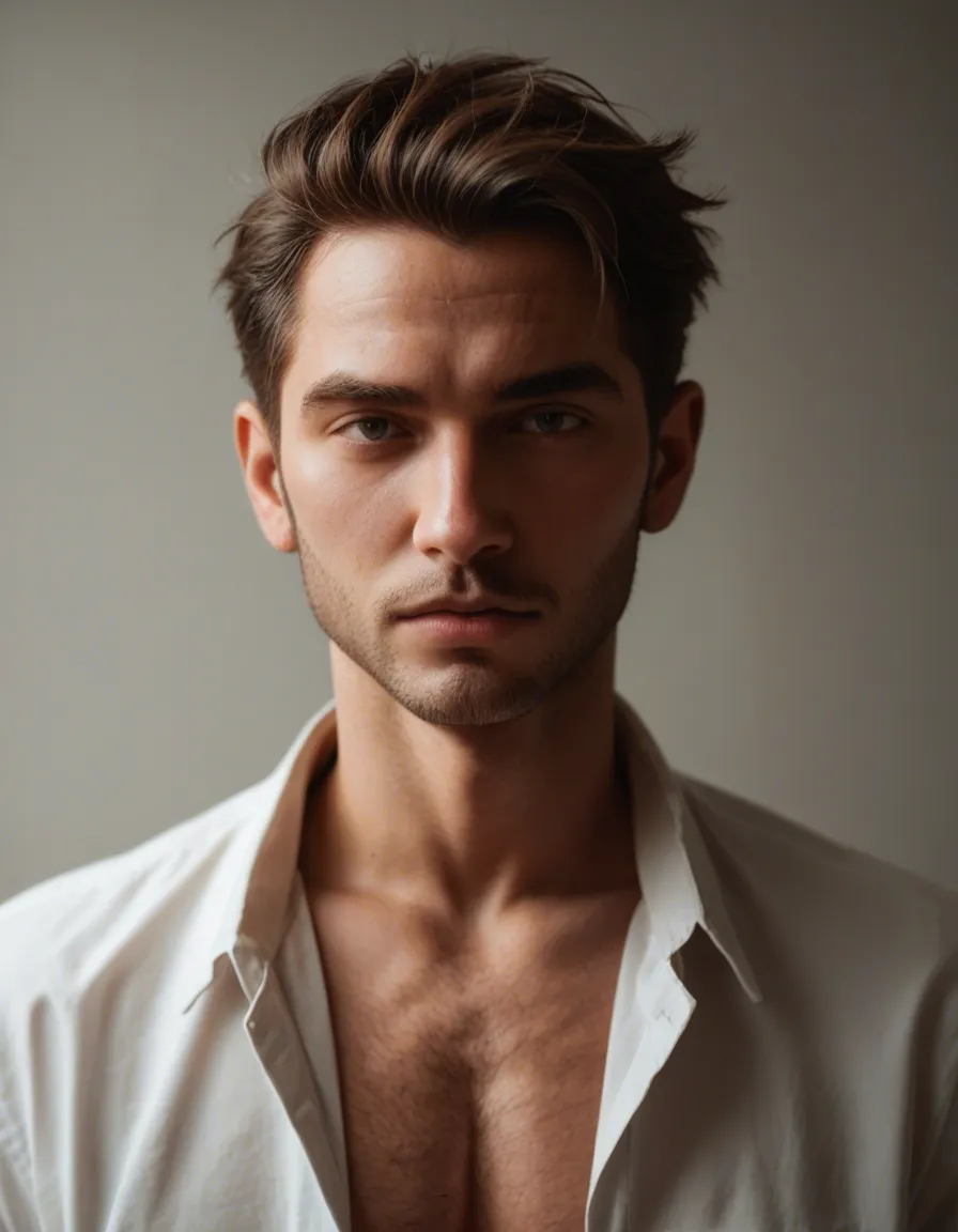 Slim sexy man jerking off to his Japanese boyfriend and hes fan with blond hair, score_9, score_8, candid photo, realistic skin texture, visible skin pores, film grain, depth of field