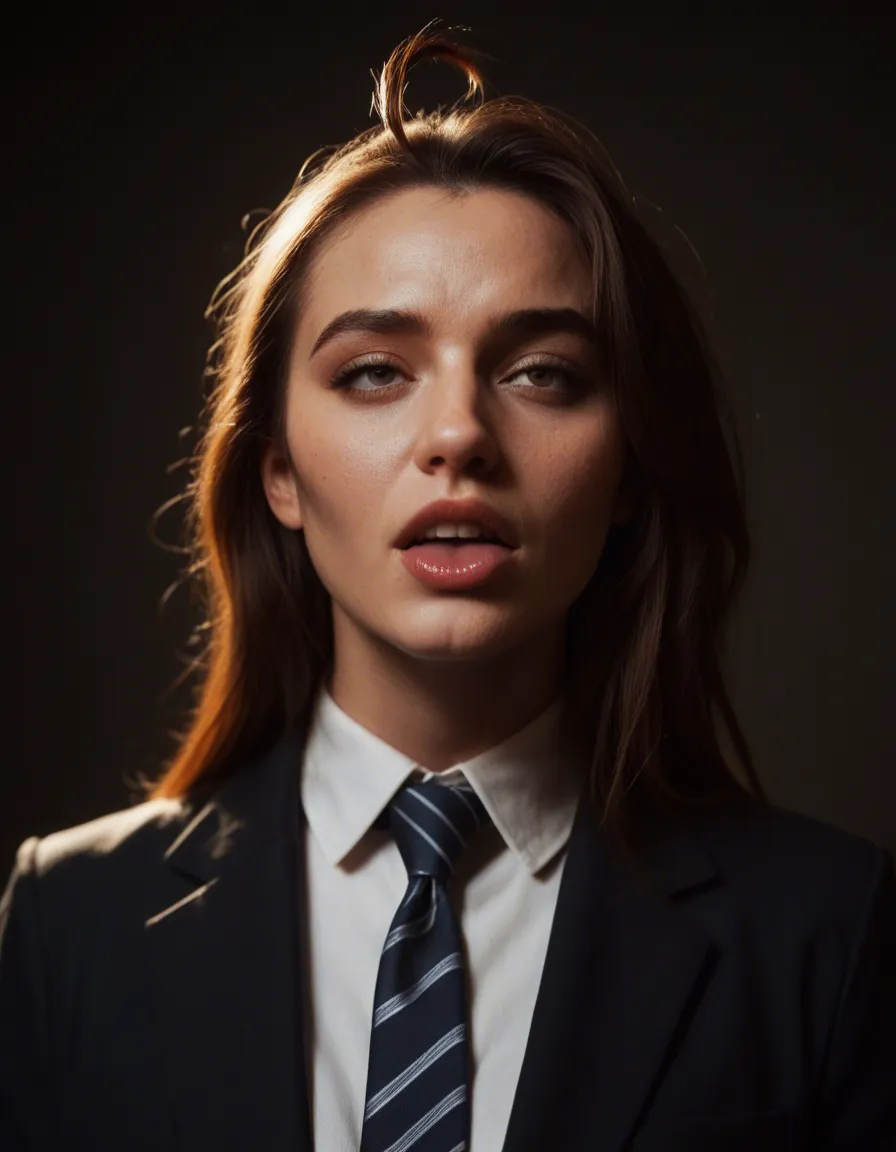RAW photo, ultra realistic, solo female, ahoge, necktie, ahegao, dramatic lighting, film photography, score_9, score_8, candid photo, realistic skin texture, visible skin pores, film grain, depth of field