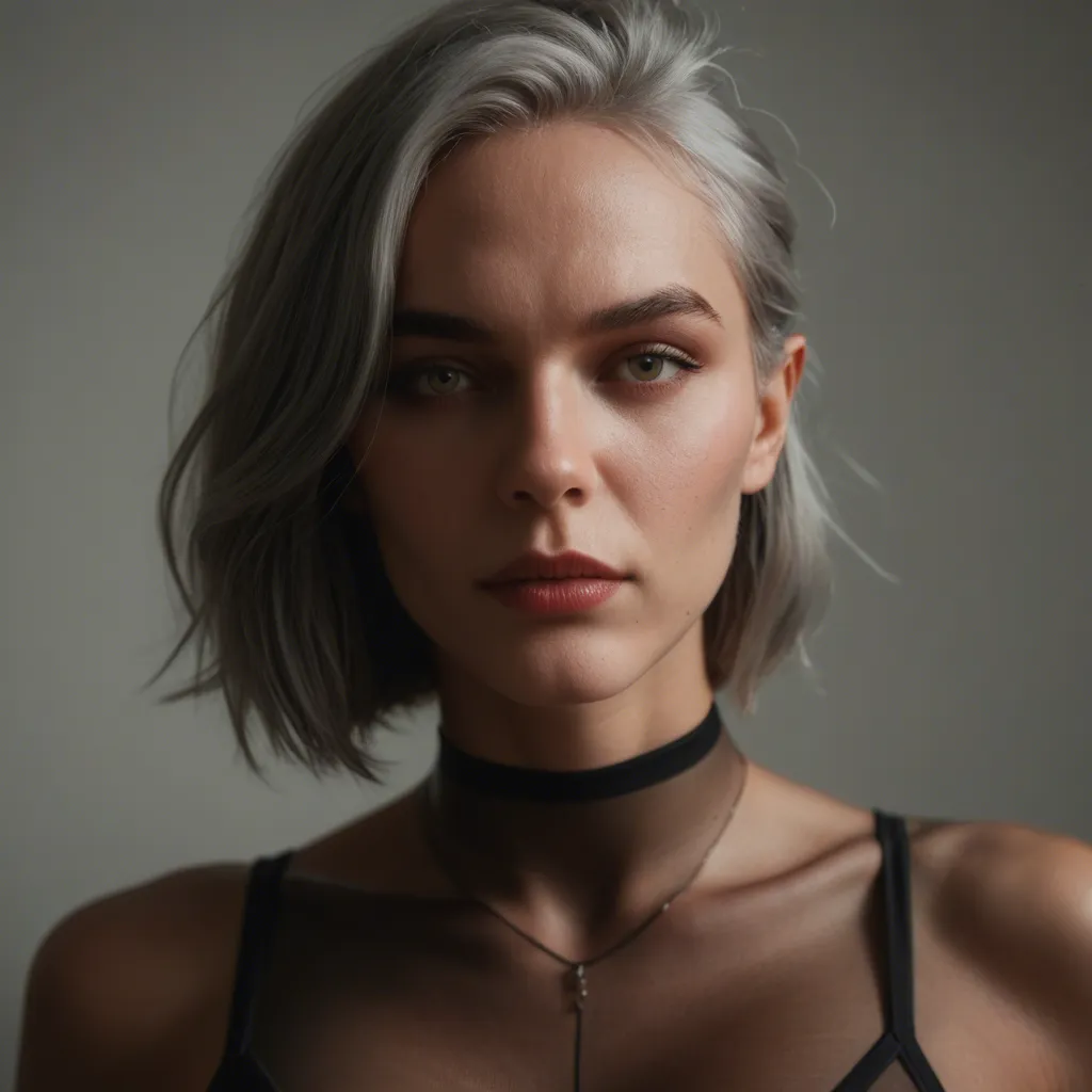 dslr, film grain, photorealistic, demon woman, grey hair, pantyhose, my picture for over, cinematic realism, score_9, score_8, candid photo, realistic skin texture, visible skin pores, film grain, depth of field