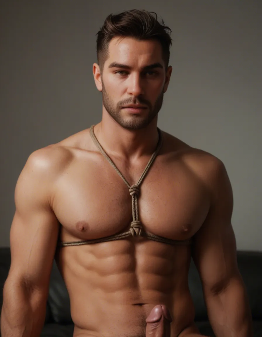 shibari male focus penis, score_9, score_8, candid photo, realistic skin texture, visible skin pores, film grain, depth of field