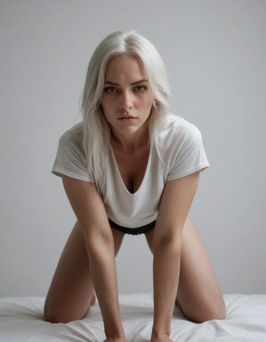RAW photo, ultra realistic, solo, white hair, short sleeves, on all fours, lifelike render, score_9, score_8, candid photo, realistic skin texture, visible skin pores, film grain, depth of field