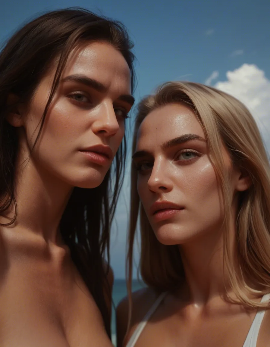 ultra HD, lifelike, close-up, 2girls, bondage, colored skin, sky, film photography, score_9, score_8, candid photo, realistic skin texture, visible skin pores, film grain, depth of field