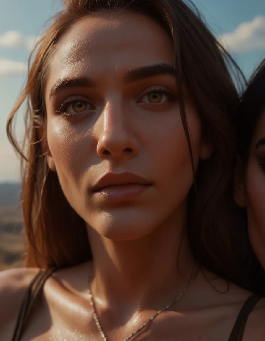 ultra HD, lifelike, close-up, 2girls, bondage, colored skin, sky, film photography, score_9, score_8, candid photo, realistic skin texture, visible skin pores, film grain, depth of field, score_9, score_8, candid photo, realistic skin texture, visible skin pores, film grain, depth of field