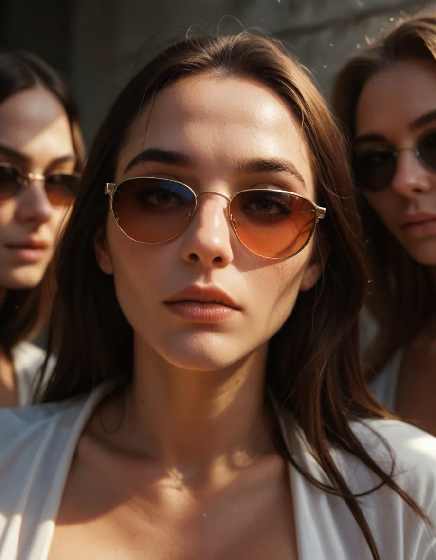 ultra HD, lifelike, 5girls, sunglasses, long sleeves, creampie, sunlight, ambient glow, RAW photo, score_9, score_8, candid photo, realistic skin texture, visible skin pores, film grain, depth of field
