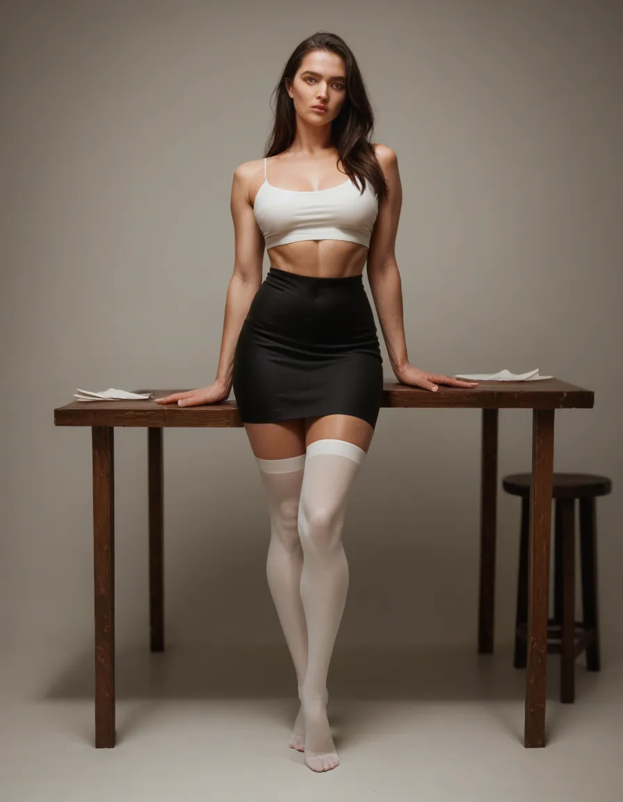 studio quality, sharp focus, princess, white thighhighs, black skirt, fully nude, table, full body, studio lighting, studio photo, score_9, score_8, candid photo, realistic skin texture, visible skin pores, film grain, depth of field