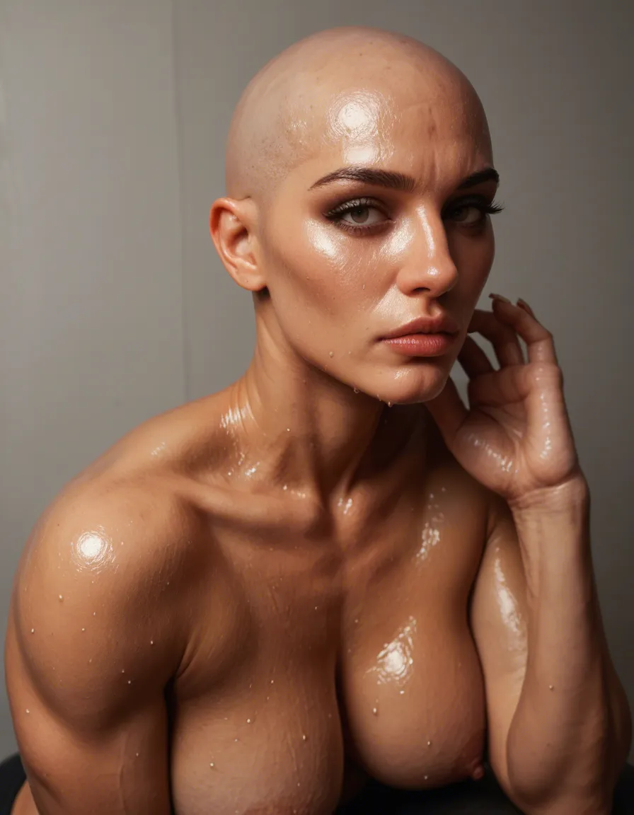 very huge bubble butt, huge ass, smooth bald head woman, long toned neck, visible veins on her bald head, fully oiled, covered with sweat, full sweaty, wanking a huge cock with her short nailed transparent nails hand, score_9, score_8, candid photo, realistic skin texture, visible skin pores, film grain, depth of field
