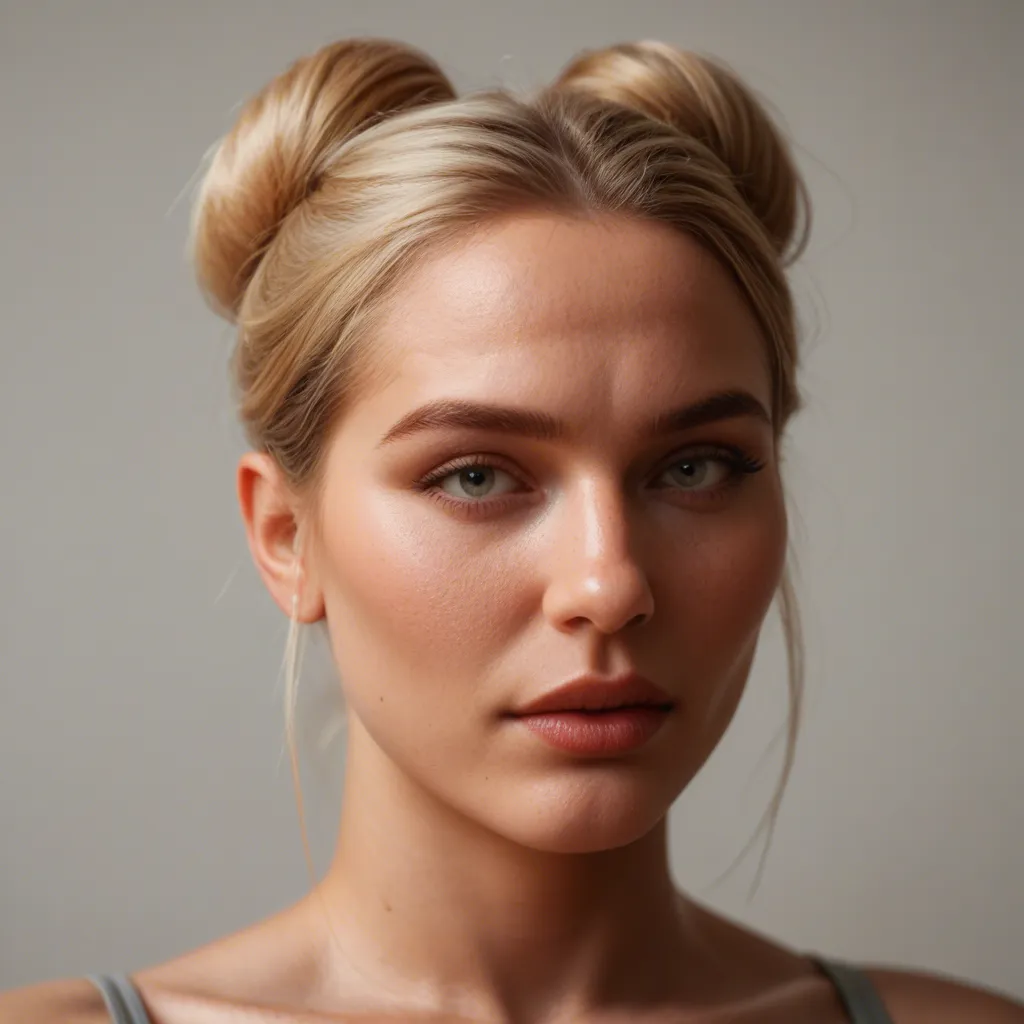 A blonde bbw woman, 1.60m tall and weighing 90kg, wears her hair in a bun and has an ecstatic look on her face. Her legs are spread; a man lying beneath her is fucking her anally, while a dildo is inside her pussy. There is semen on her face. She is kissing a second man standing to her right, while another man stands to her left—a man whose cock she has just finished sucking and is now holding in her hand.