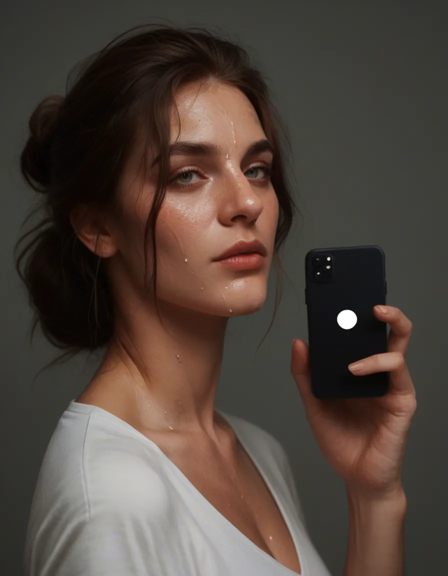 Natural candid smartphone photo of the same adult woman from the reference image. Keep her exact face, facial features, body proportions, hair, hairstyle, hair color, hair length and overall appearance unchanged and identical to the reference image. Her body has a subtle natural sheen of sweat, as if after a light jog, but her hair remains exactly as in the reference image — same hairstyle, parting, volume, texture, color and length, not messy, not wet, not restyled.
She is kneeling upright, resting on both knees. Her hands gently but firmly pull the bra aside, exposing both breasts and nipples; her bare breasts are realistic and beautiful. Keep her hands relaxed and anatomically natural: the elbows are slightly bent and relaxed, the forearms follow a natural angle toward the shoulders, the wrists remain straight, and the fingers gently hold the edge of the bra without tension or an exaggerated pose. The hands should look naturally placed, as if she casually adjusted the bra rather than deliberately posing her hands.
She is looking directly at the camera, her lips slightly parted, with a subtle expectant expression. A small amount of natural clear-white, slightly viscous liquid (like saliva) drips from her slightly parted lips onto her chest in a few drops. Her body is centered in the frame.
The camera is handheld and positioned noticeably higher than her eye level, looking gently downward. The camera is above her head and upper-body level, creating a clearly visible but natural high-angle smartphone perspective. Keep the perspective realistic and not extreme.
Simple natural indoor lighting. Soft ambient room light, realistic exposure, natural skin texture, subtle imperfections, and a subtle natural sheen of sweat, as if after a light jog — not oily, not dripping. Ordinary unedited smartphone camera-roll photo, no studio lighting, no beauty filter or skin smoothing.
The result should look like a real spontaneous photo taken casually with a phone, while keeping exactly the same person and exactly the same hair as in the reference image., score_9, score_8, candid photo, realistic skin texture, visible skin pores, film grain, depth of field