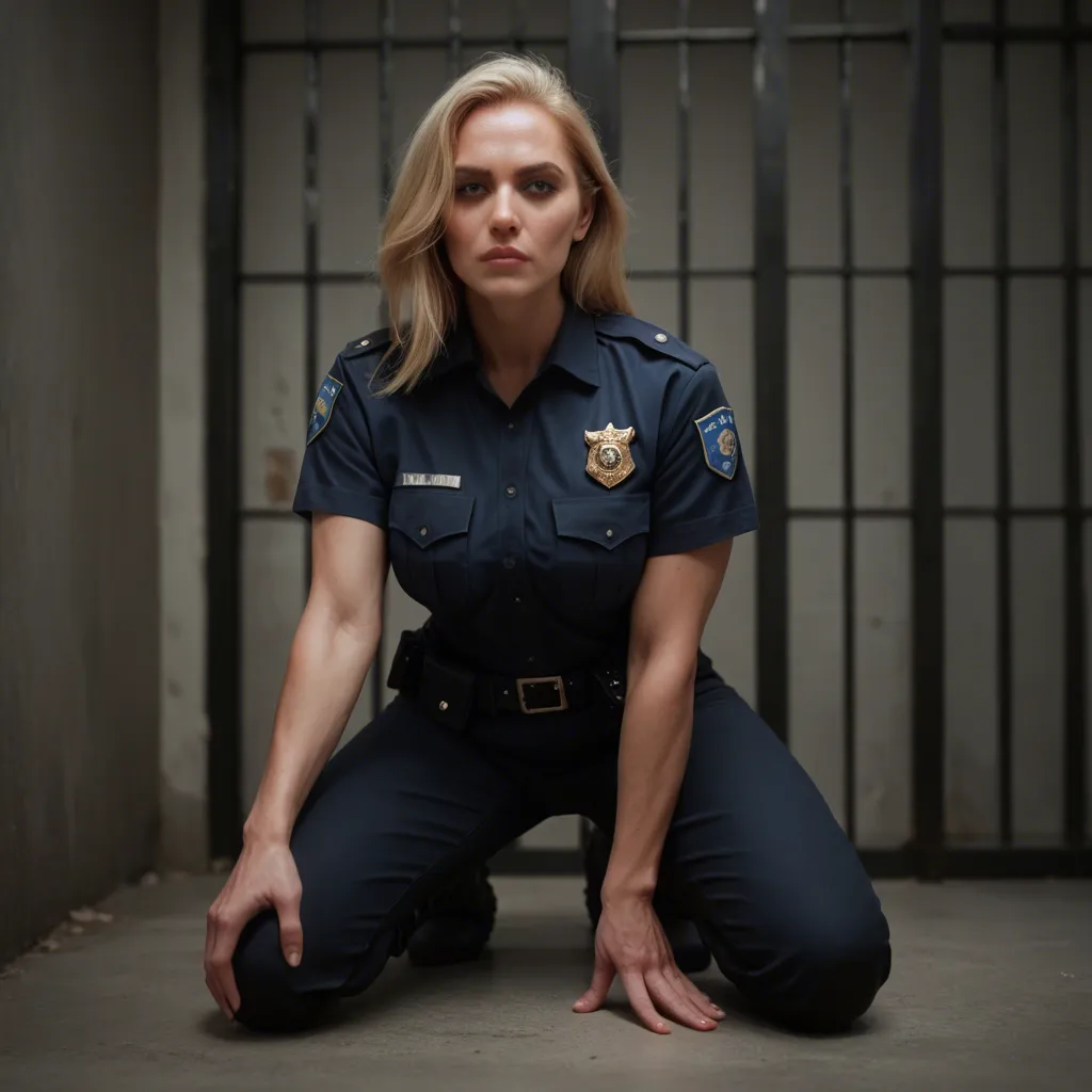 A blonde mature_female wearing a police uniform, black pants, and black utility boots is on her knees in a jail cell with her arms handcuffed behind her. She is deepthroating a dark-skinned black prisoner's large penis. Her shirt is unbuttoned and her medium breasts are out of her white bra.