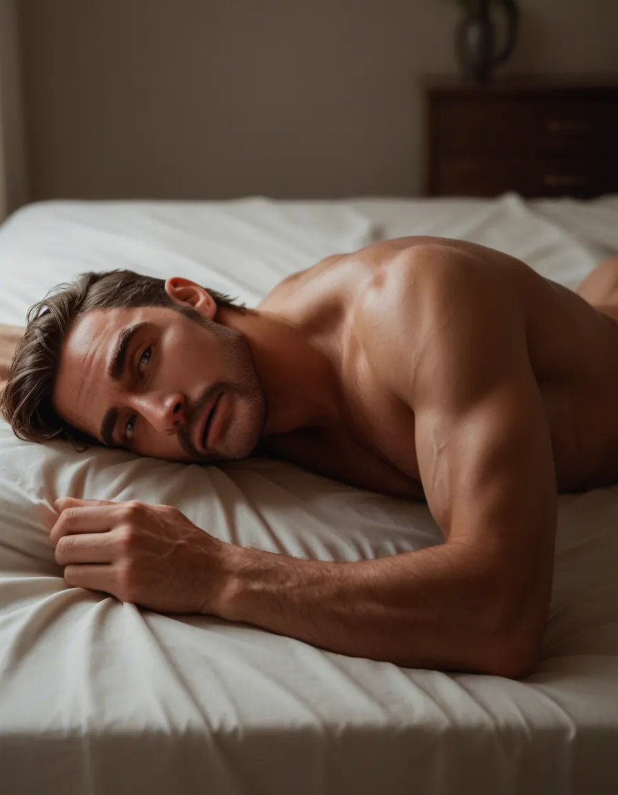 Male on his bed jerking off with toy, score_9, score_8, candid photo, realistic skin texture, visible skin pores, film grain, depth of field
