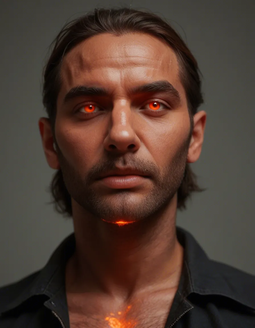 bull headed man with red glowing eys and a cock releasing fire, score_9, score_8, candid photo, realistic skin texture, visible skin pores, film grain, depth of field