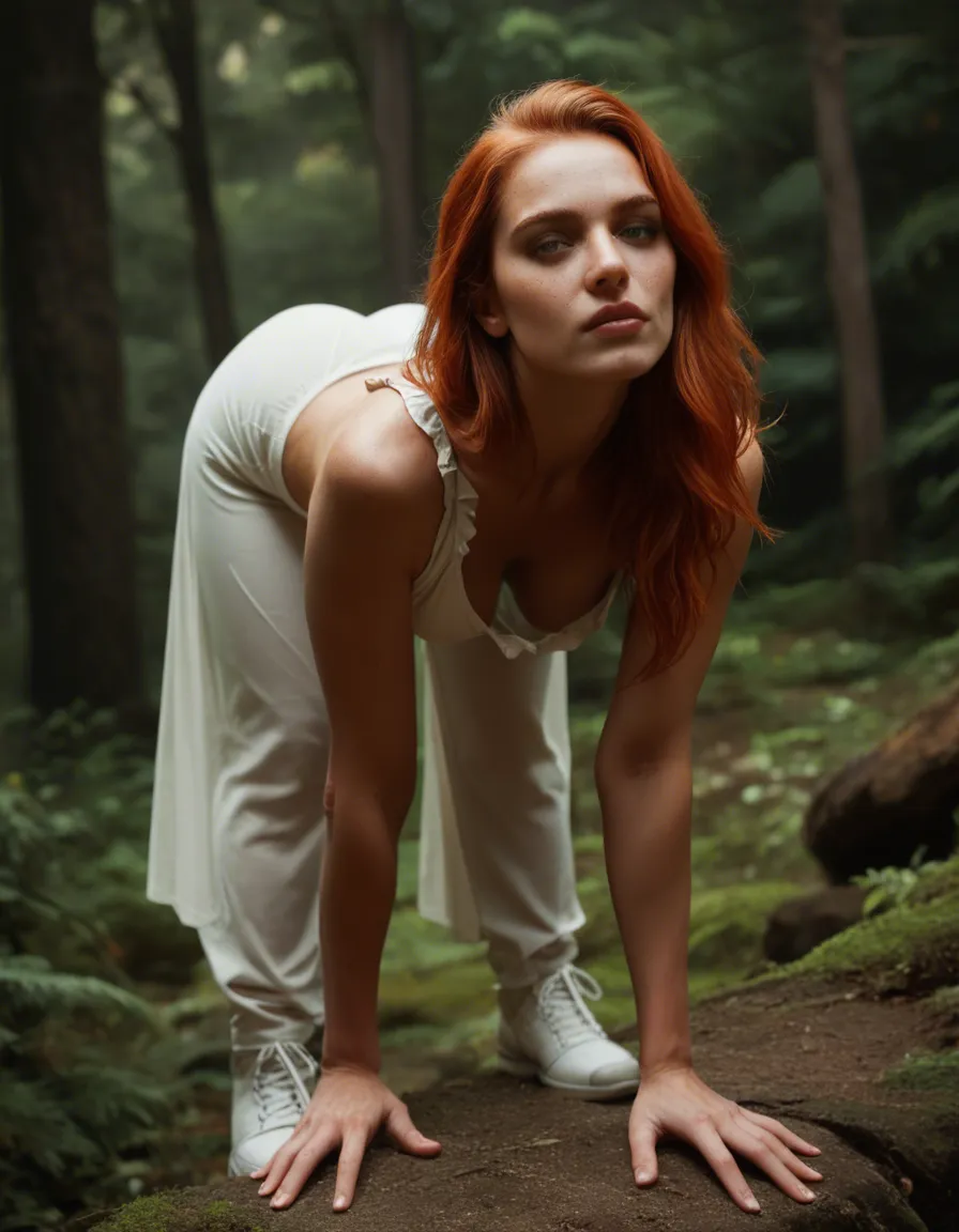 studio quality, sharp focus, redhead woman, white footwear, frills, bent over, tree, dslr quality, score_9, score_8, candid photo, realistic skin texture, visible skin pores, film grain, depth of field