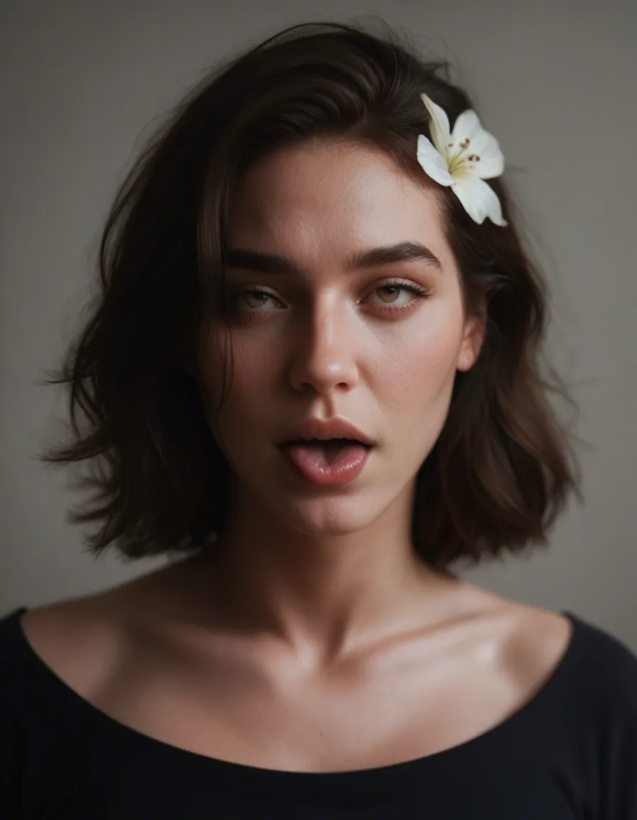 dslr, film grain, photorealistic, witch, hair flower, black skirt, ahegao, rim light, score_9, score_8, candid photo, realistic skin texture, visible skin pores, film grain, depth of field
