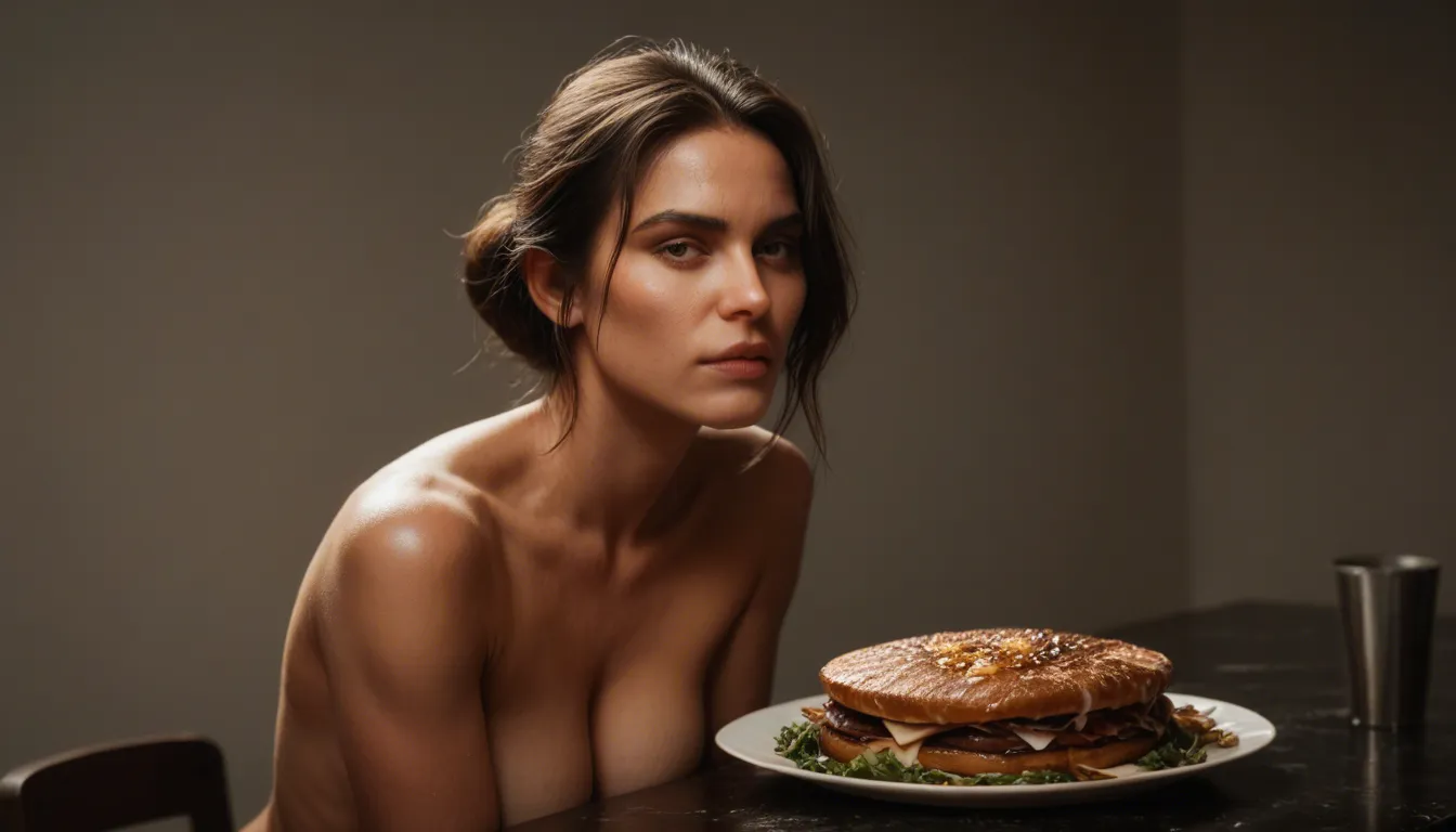 8k, sharp focus, detailed skin, solo, parted bangs, food, fully nude, golden hour, film photography, score_9, score_8, candid photo, realistic skin texture, visible skin pores, film grain, depth of field