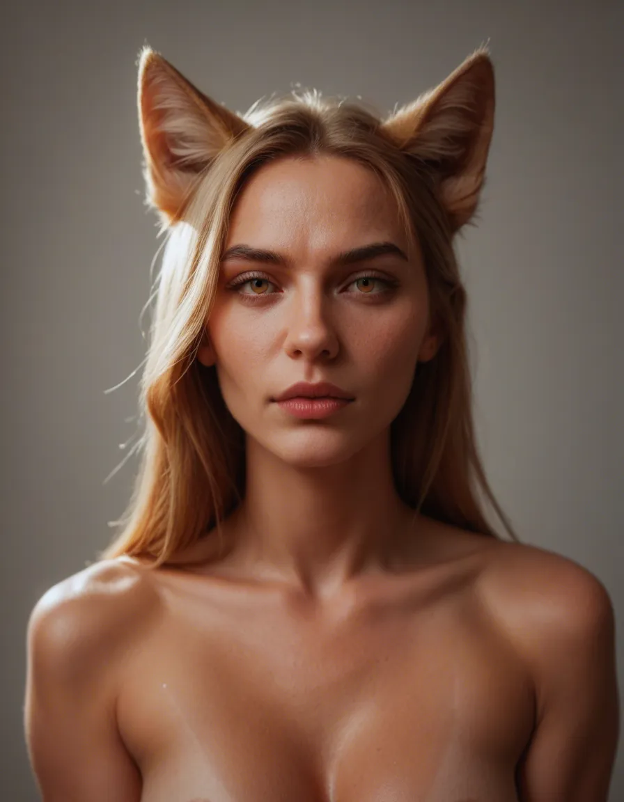 A fox_girl and a cat_girl rubbing pussys, score_9, score_8, candid photo, realistic skin texture, visible skin pores, film grain, depth of field