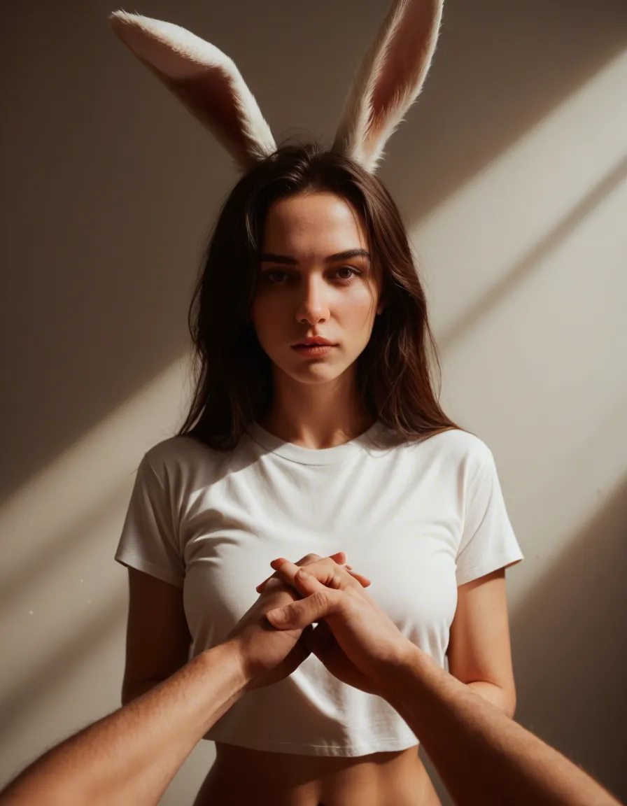 cinematic photo, 8k, bunny girl, holding hands, shirt, fully nude, sunlight, POV, spotlight, lifelike render, score_9, score_8, candid photo, realistic skin texture, visible skin pores, film grain, depth of field