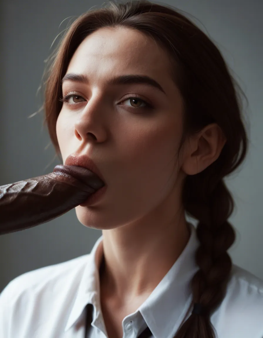 dslr, photorealistic, succubus, single braid, collared shirt, blowjob, rim light, studio photo, score_9, score_8, candid photo, realistic skin texture, visible skin pores, film grain, depth of field