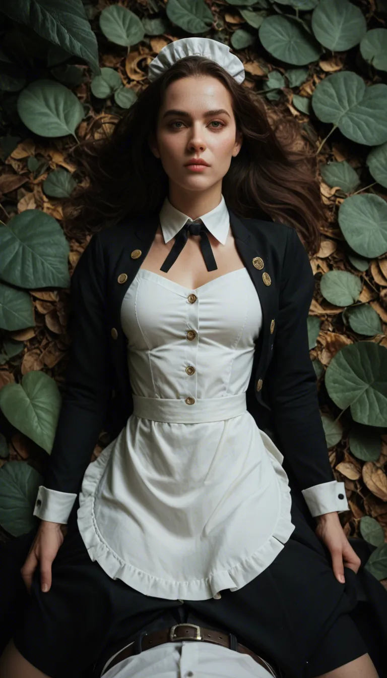 sharp focus, 8k uhd, maid, buttons, jacket, straddling, leaf, from above, studio photo