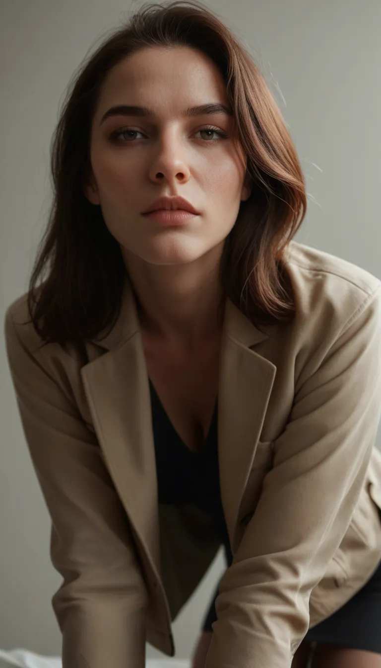 highly detailed, natural lighting, office lady, hands up, jacket, on all fours, simple background, close-up, cinematic realism