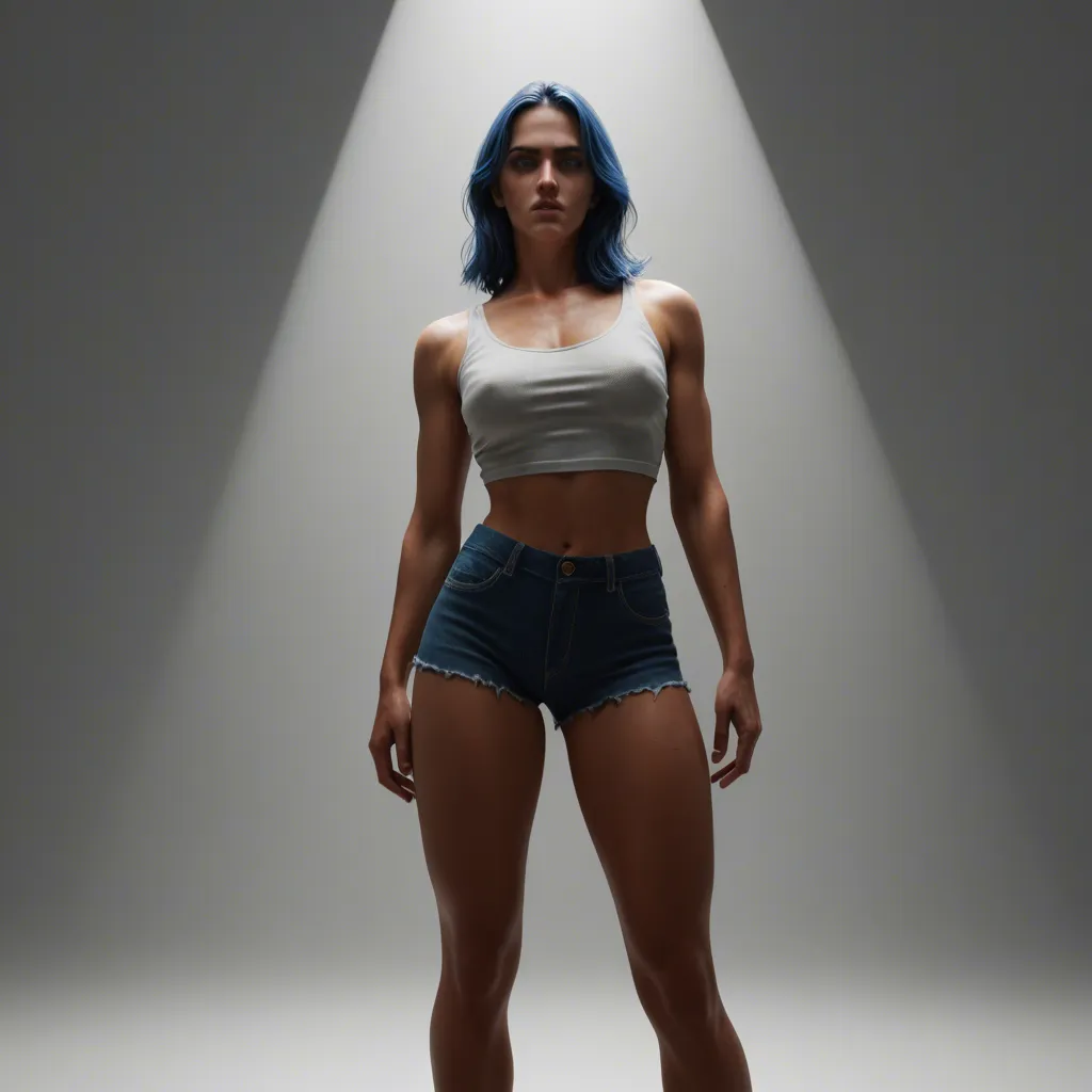 RAW photo, ultra realistic, solo focus, blue hair, shorts, tentacle, spotlight, cinematic realism