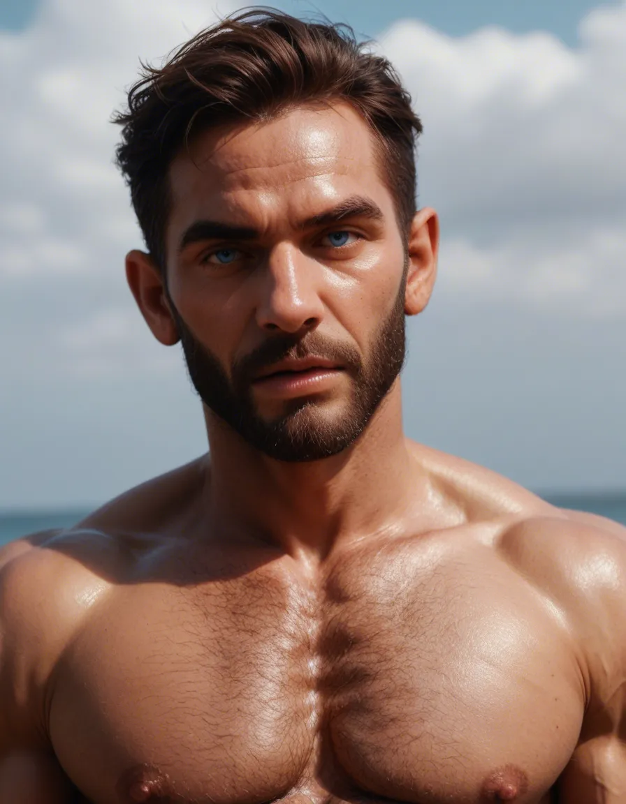 Silver daddy, blue eyes, hairy, muscle bear, big cock, score_9, score_8, candid photo, realistic skin texture, visible skin pores, film grain, depth of field