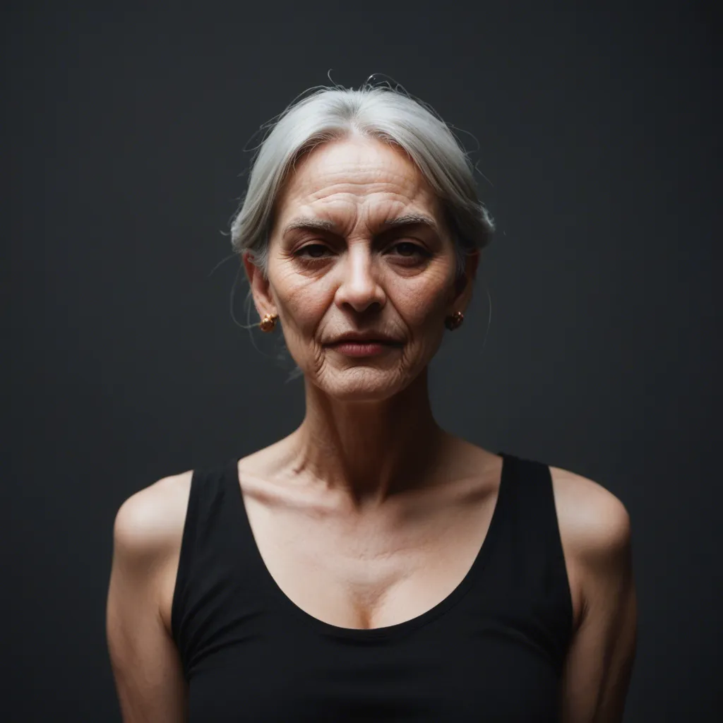 ultra HD, lifelike Asian granny with long grey hair, skinny, unbuttoning shirt to reveal massive saggy tits