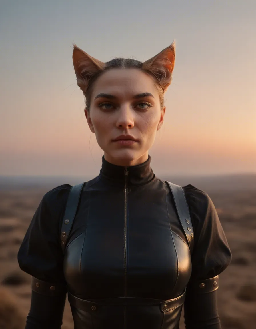 best quality, hyperrealistic, catgirl, thighhighs, puffy sleeves, bondage, sky, portrait, lifelike render, score_9, score_8, candid photo, realistic skin texture, visible skin pores, film grain, depth of field