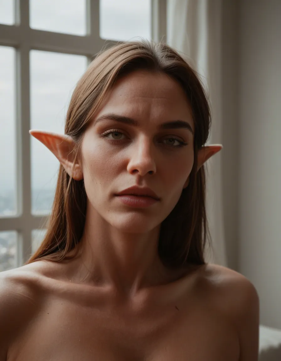 RAW photo, ultra realistic, extreme close-up, mature female, fully nude, pointy ears, window, dslr quality, score_9, score_8, candid photo, realistic skin texture, visible skin pores, film grain, depth of field
