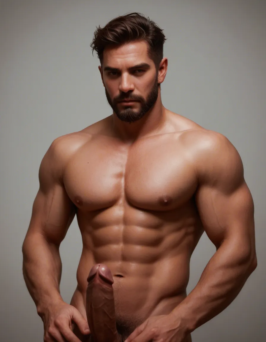 muscular_male with short black_hair and a beard and lots of chest_hair and shoulder hair with an erection stroking his penis, score_9, score_8, candid photo, realistic skin texture, visible skin pores, film grain, depth of field