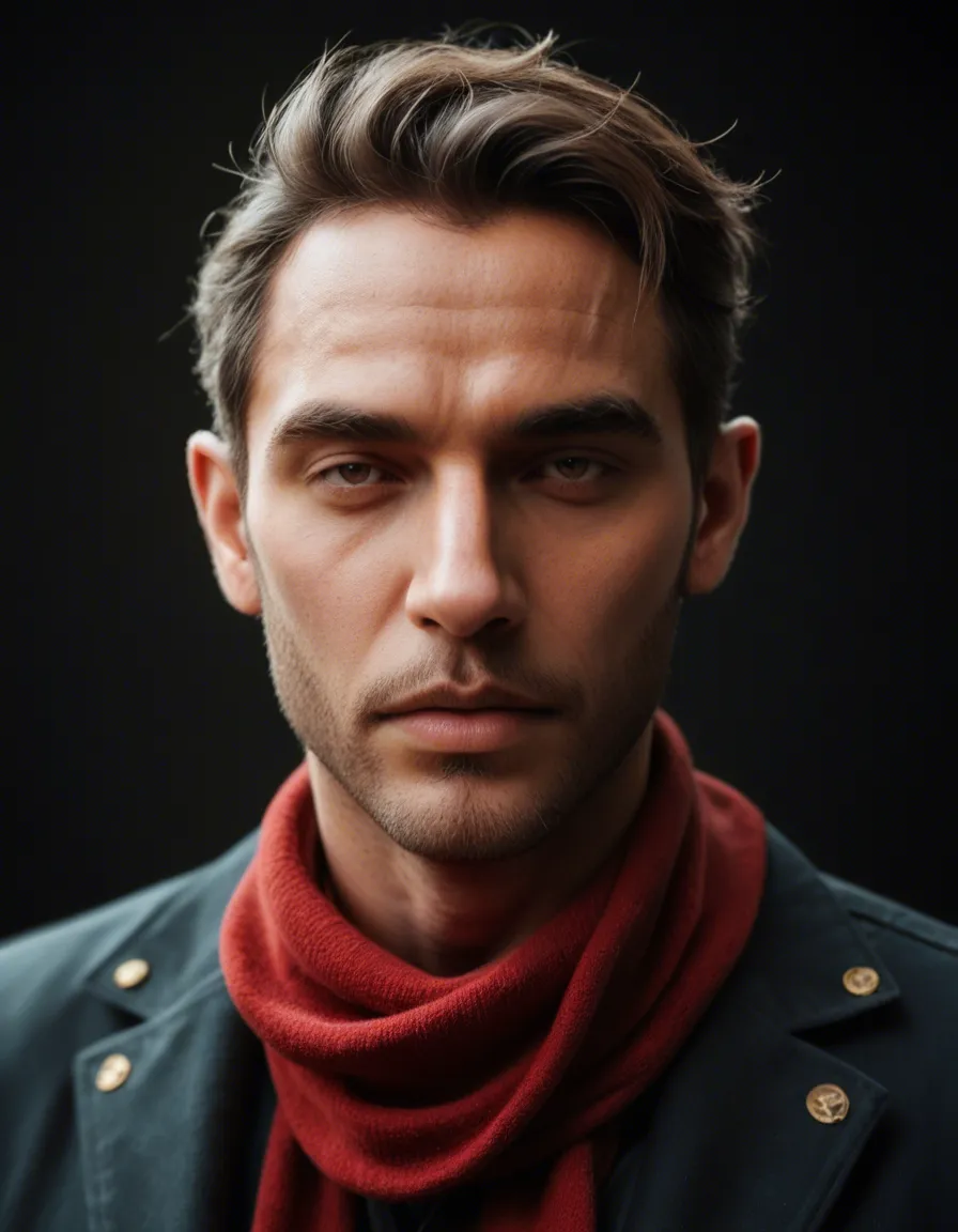 best quality, hyperrealistic, male focus, scarf, official alternate costume, bedroom eyes, fully nude, simple background, 8k uhd photo, score_9, score_8, candid photo, realistic skin texture, visible skin pores, film grain, depth of field